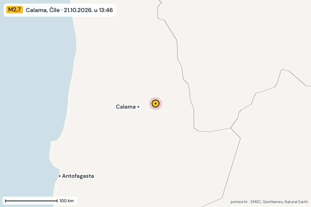 Karta: šire područje, 600 km, potres M2,7, Calama, Čile, 21.10.2026.