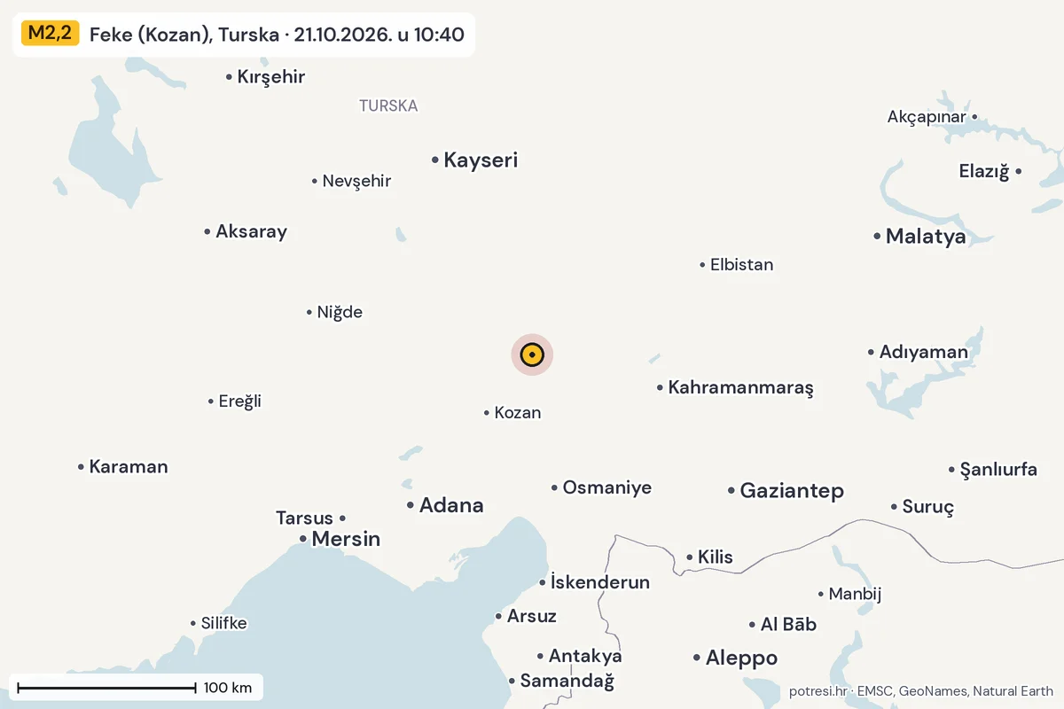 Karta: šire područje, 600 km, potres M2,2, Feke (Kozan), Turska, 21.10.2026.