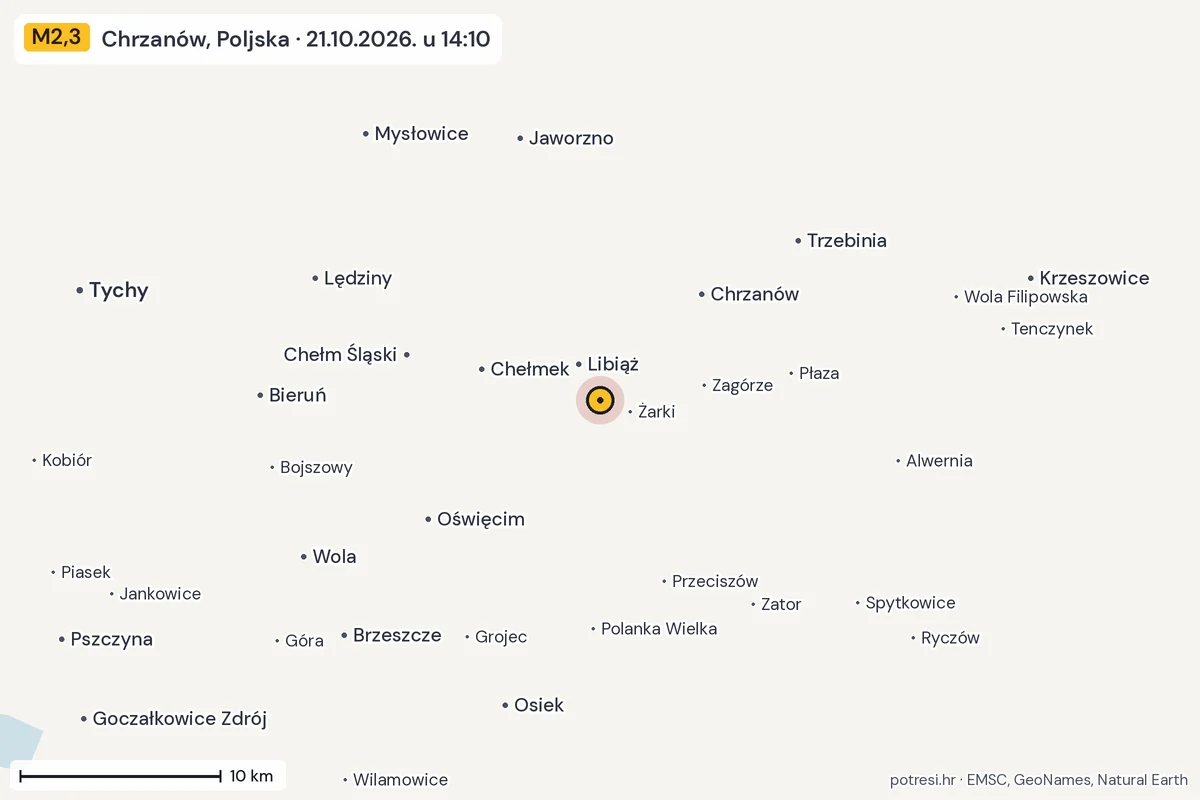 Karta: okolica epicentra, 60 km, potres M2,3, Chrzanów, Poljska, 21.10.2026.