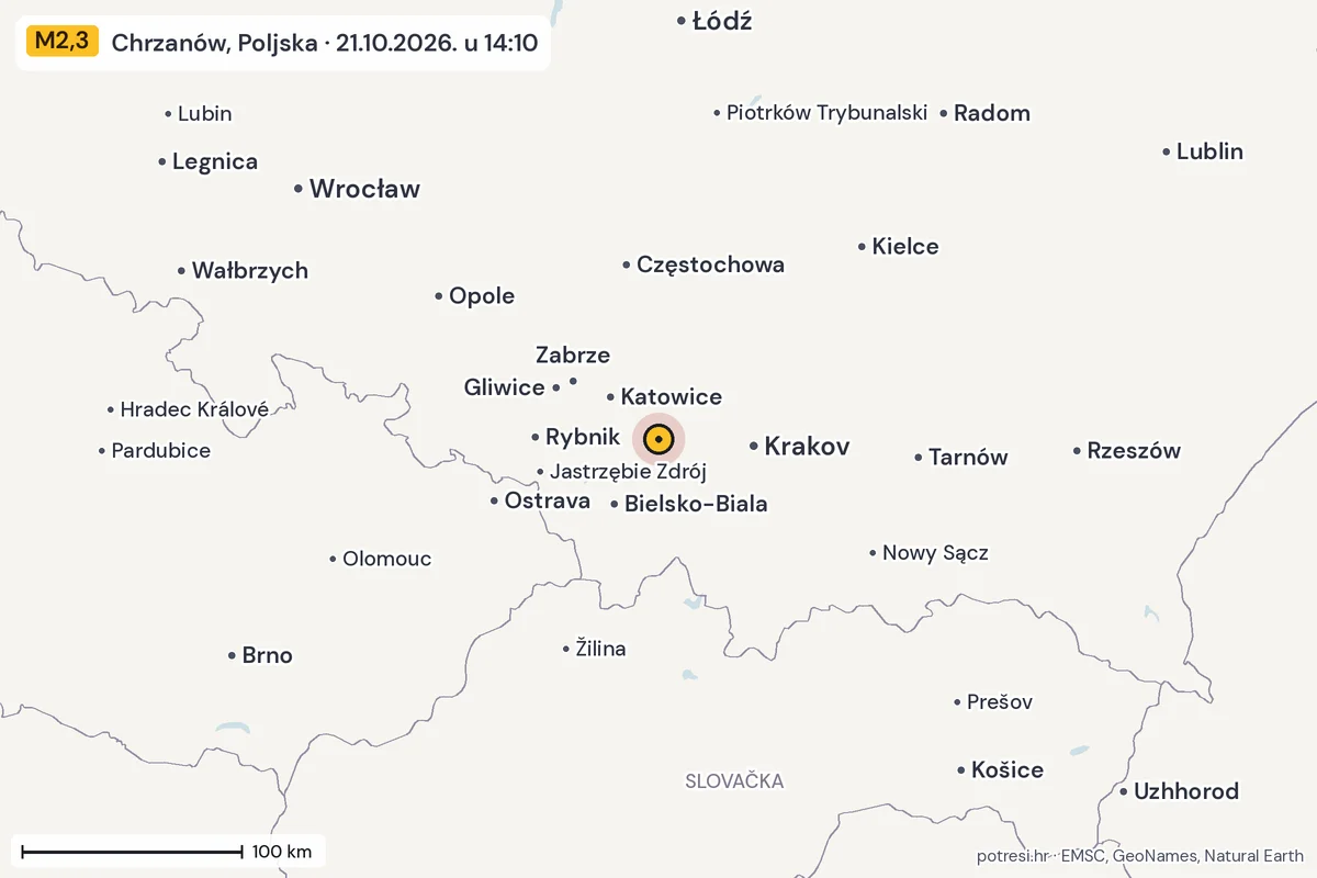 Karta: šire područje, 600 km, potres M2,3, Chrzanów, Poljska, 21.10.2026.