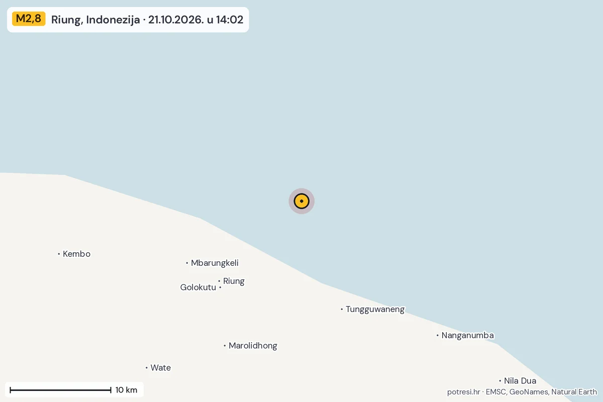 Karta: okolica epicentra, 60 km, potres M2,8, Riung, Indonezija, 21.10.2026.