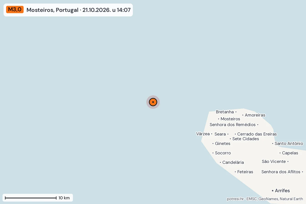 Karta: okolica epicentra, 60 km, potres M3,0, Mosteiros, Portugal, 21.10.2026.