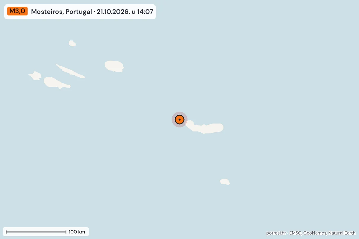 Karta: šire područje, 600 km, potres M3,0, Mosteiros, Portugal, 21.10.2026.