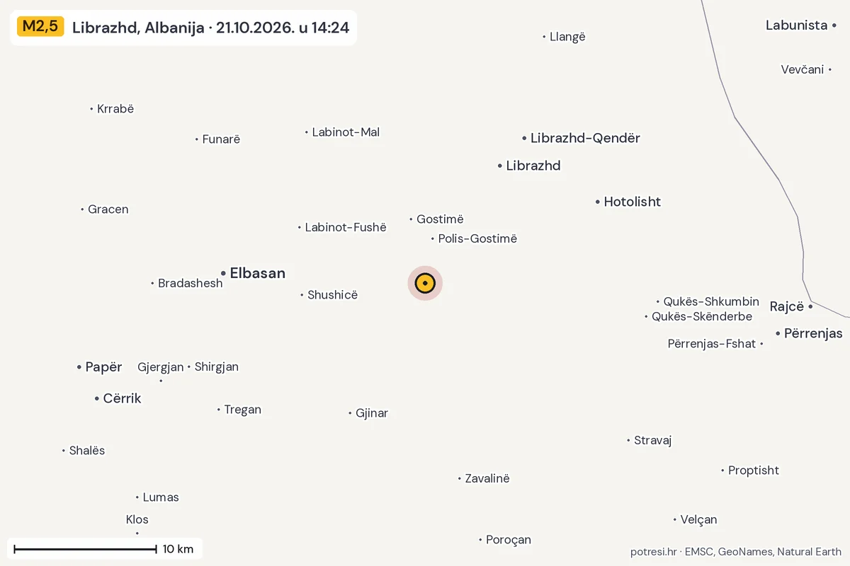Karta: okolica epicentra, 60 km, potres M2,5, Librazhd, Albanija, 21.10.2026.