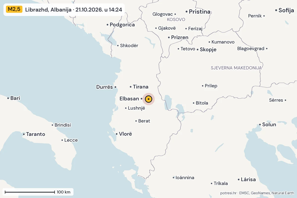 Karta: šire područje, 600 km, potres M2,5, Librazhd, Albanija, 21.10.2026.