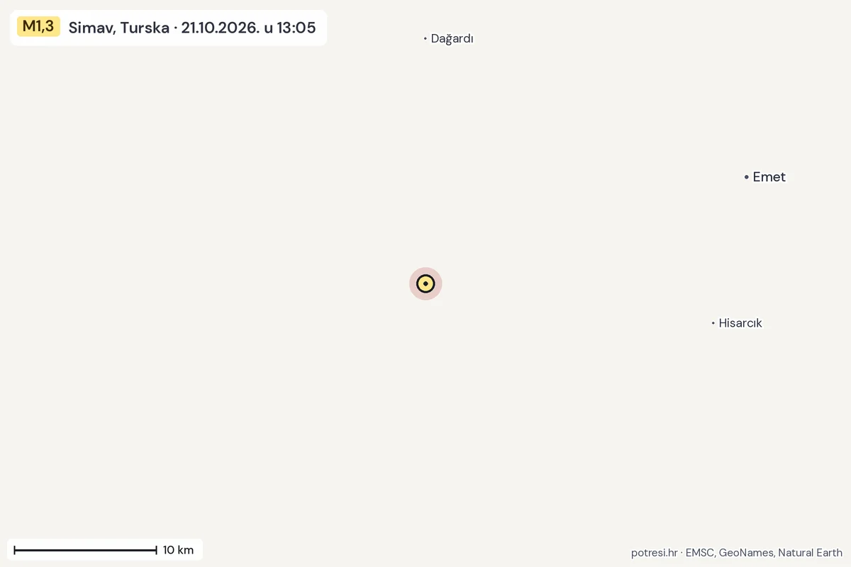 Karta: okolica epicentra, 60 km, potres M1,3, Simav, Turska, 21.10.2026.