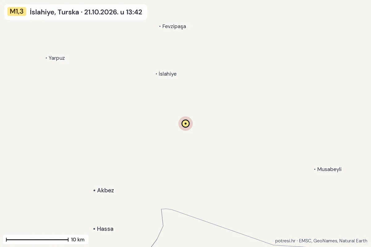 Karta: okolica epicentra, 60 km, potres M1,3, İslahiye, Turska, 21.10.2026.