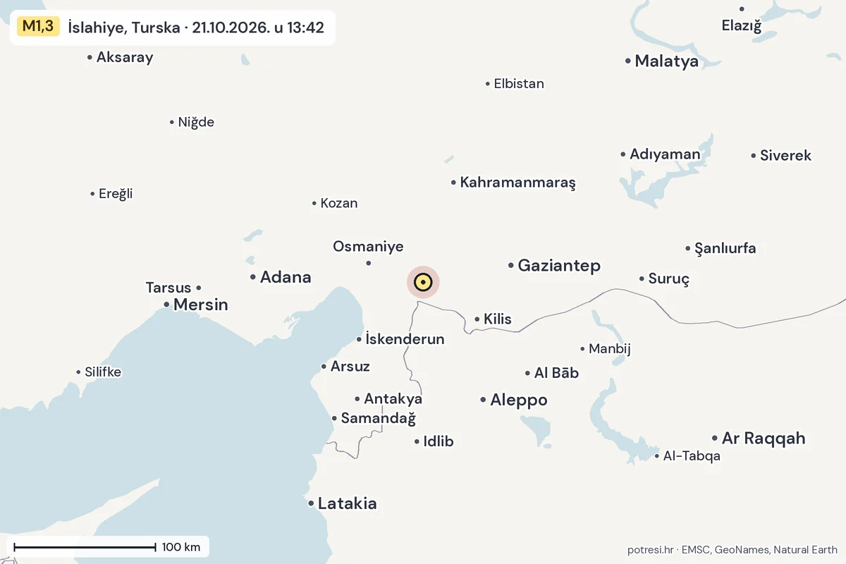 Karta: šire područje, 600 km, potres M1,3, İslahiye, Turska, 21.10.2026.