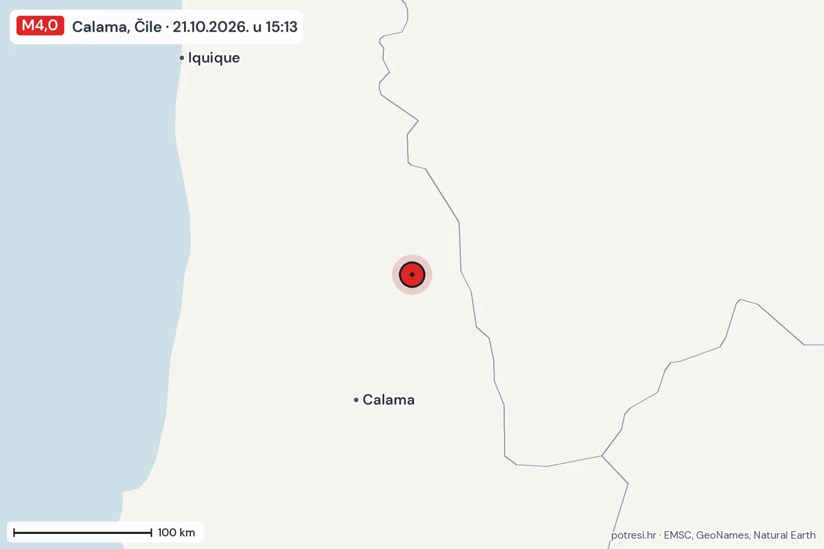 Karta: šire područje, 600 km, potres M4,0, Calama, Čile, 21.10.2026.