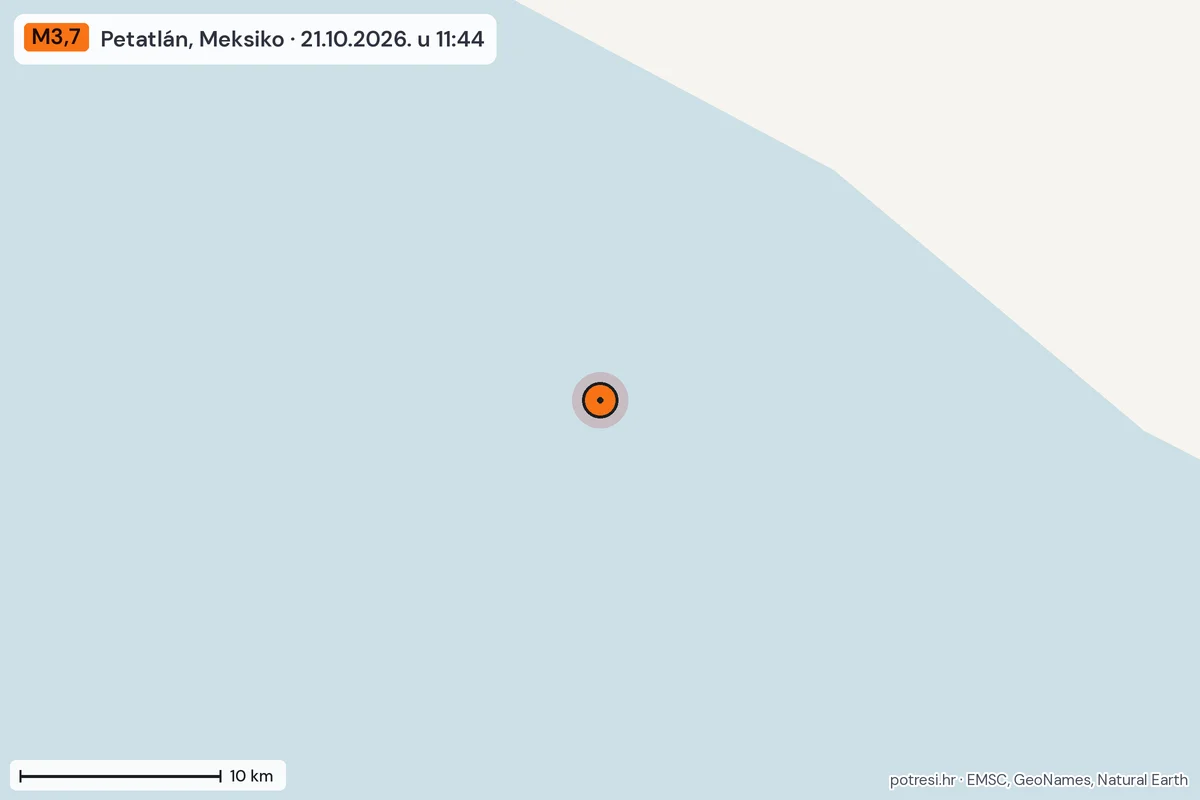 Karta: okolica epicentra, 60 km, potres M3,7, Petatlán, Meksiko, 21.10.2026.