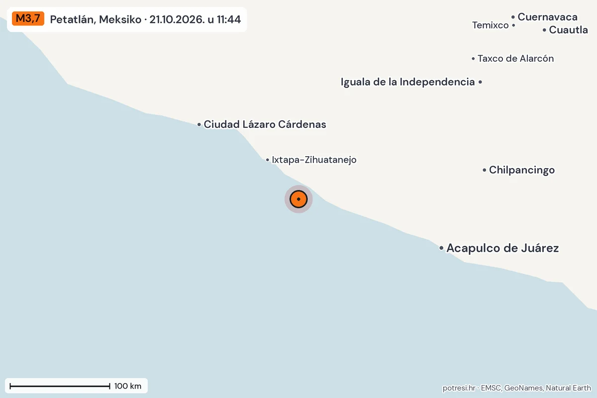 Karta: šire područje, 600 km, potres M3,7, Petatlán, Meksiko, 21.10.2026.