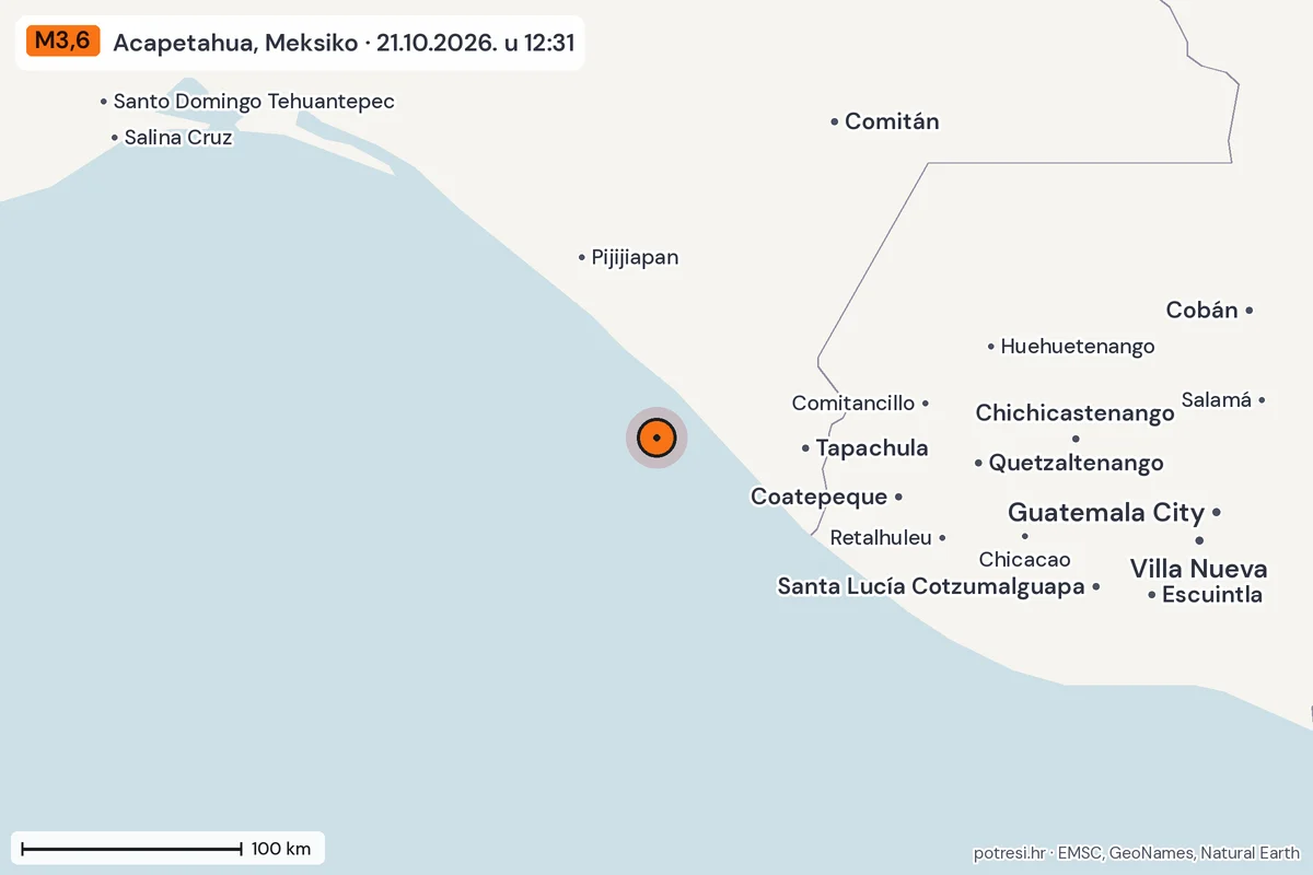 Karta: šire područje, 600 km, potres M3,6, Acapetahua, Meksiko, 21.10.2026.