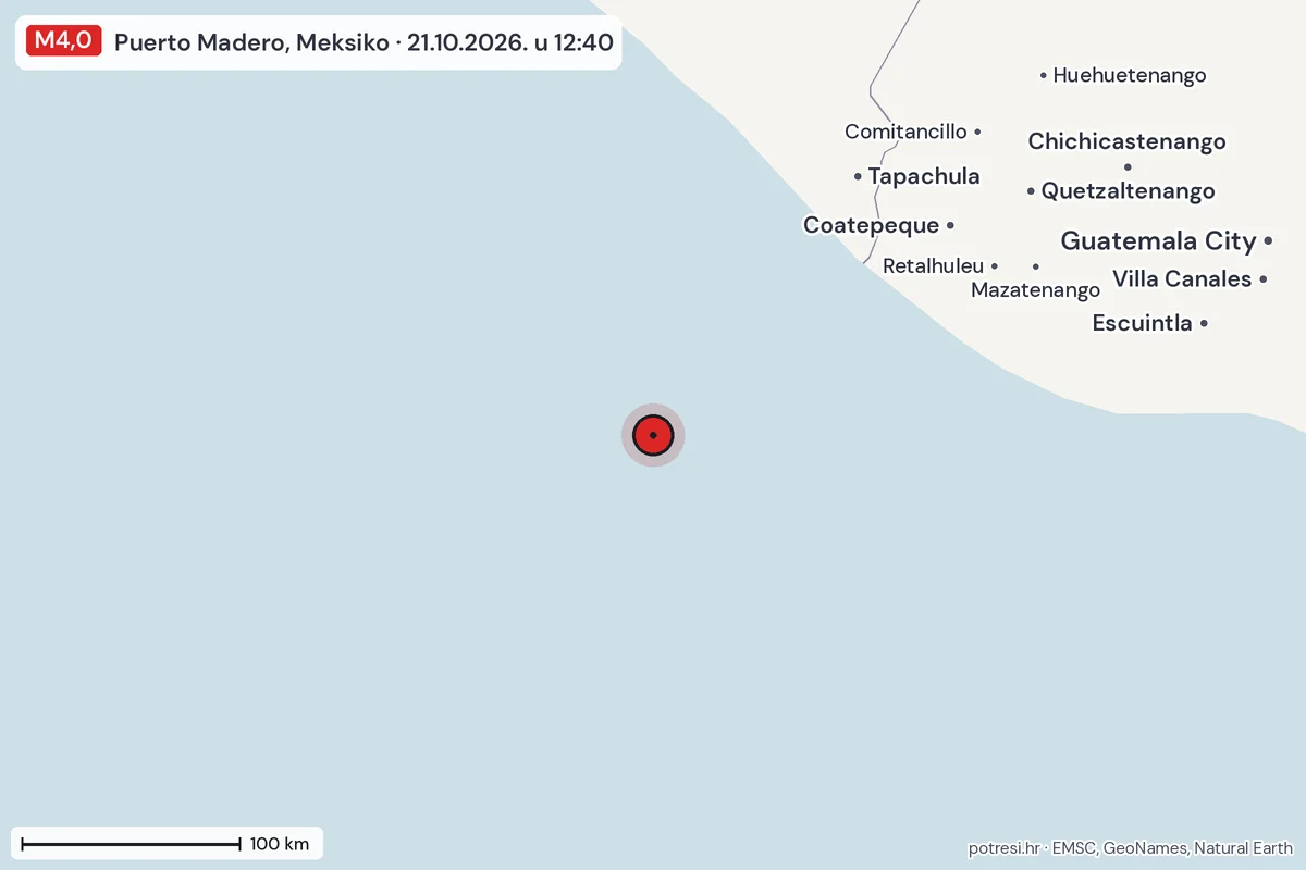 Karta: šire područje, 600 km, potres M4,0, Puerto Madero, Meksiko, 21.10.2026.