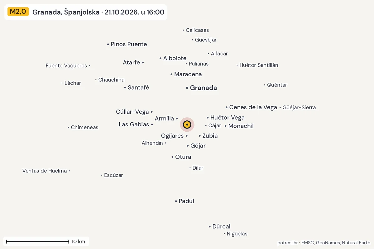 Karta: okolica epicentra, 60 km, potres M2,0, Granada, Španjolska, 21.10.2026.