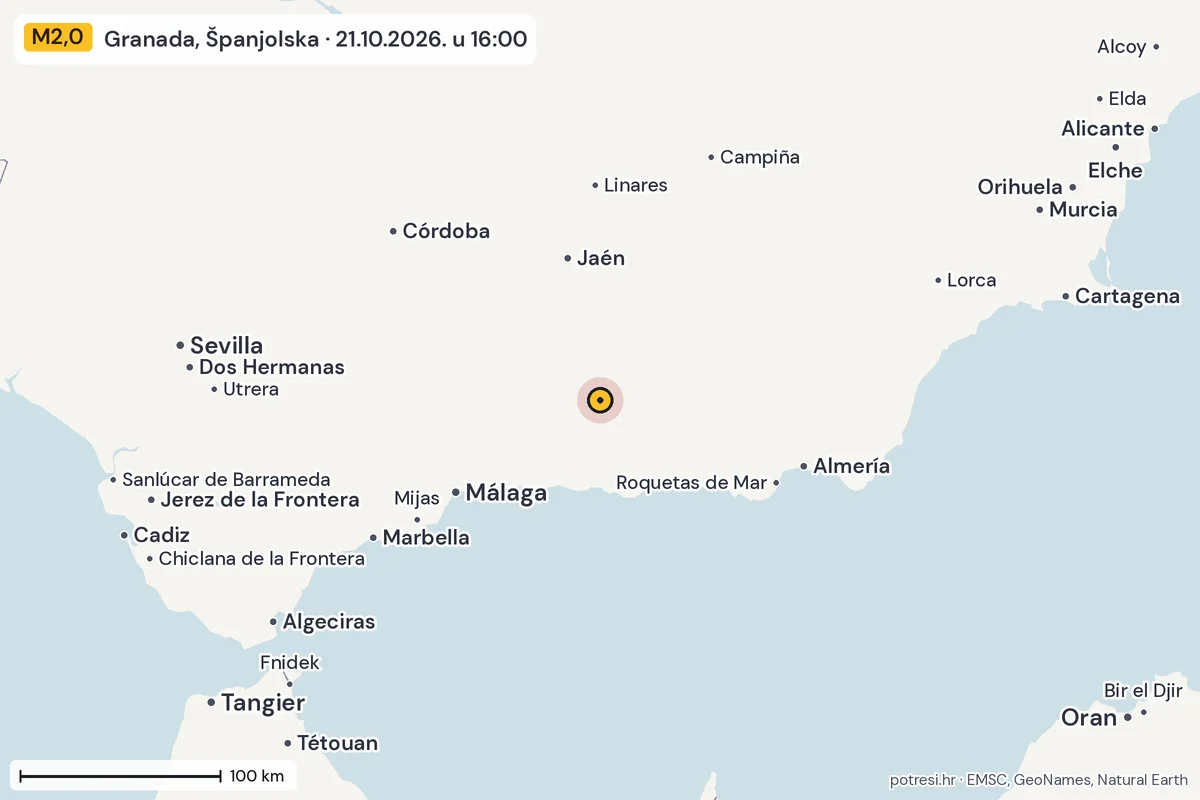 Karta: šire područje, 600 km, potres M2,0, Granada, Španjolska, 21.10.2026.