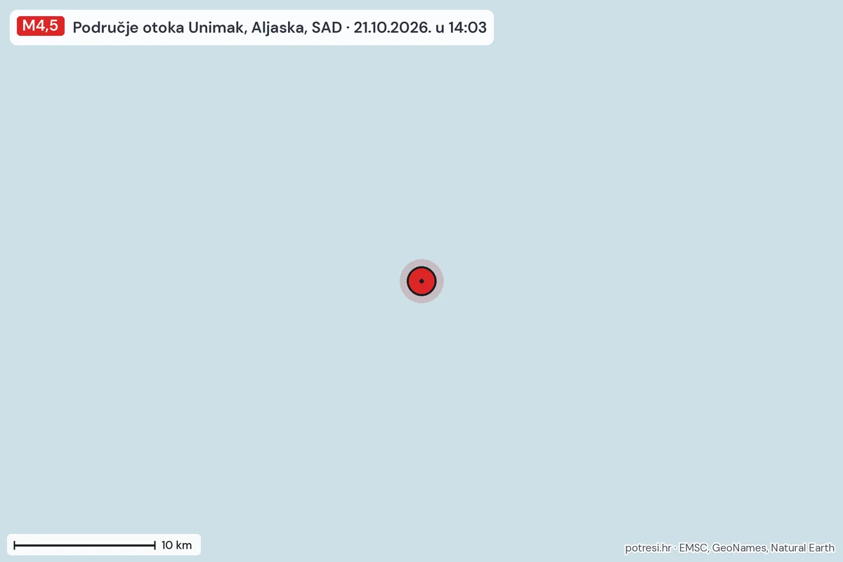 Karta: okolica epicentra, 60 km, potres M4,5, Područje otoka Unimak, Aljaska, SAD, 21.10.2026.