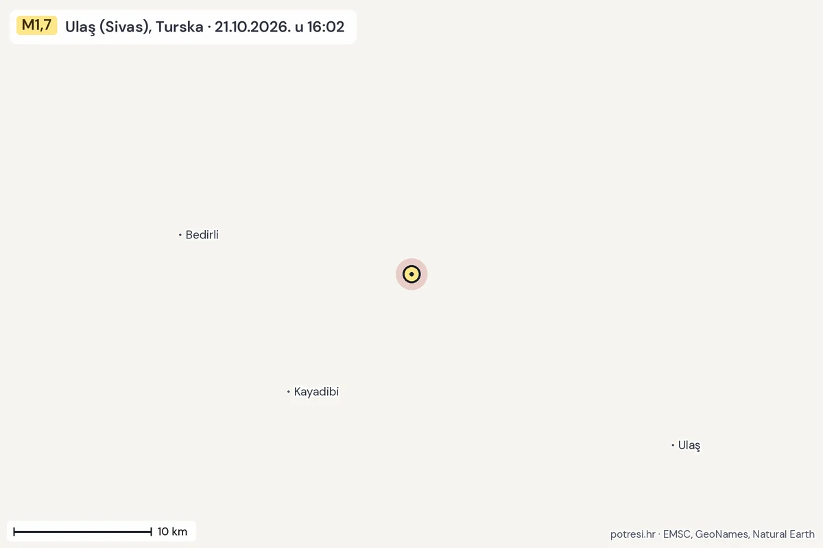 Karta: okolica epicentra, 60 km, potres M1,7, Ulaş (Sivas), Turska, 21.10.2026.