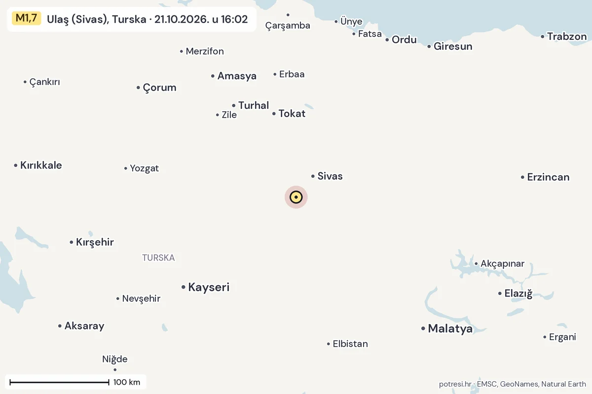 Karta: šire područje, 600 km, potres M1,7, Ulaş (Sivas), Turska, 21.10.2026.