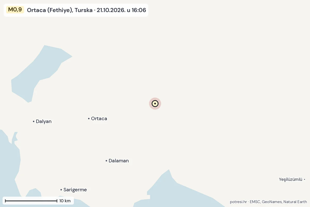 Karta: okolica epicentra, 60 km, potres M0,9, Ortaca (Fethiye), Turska, 21.10.2026.