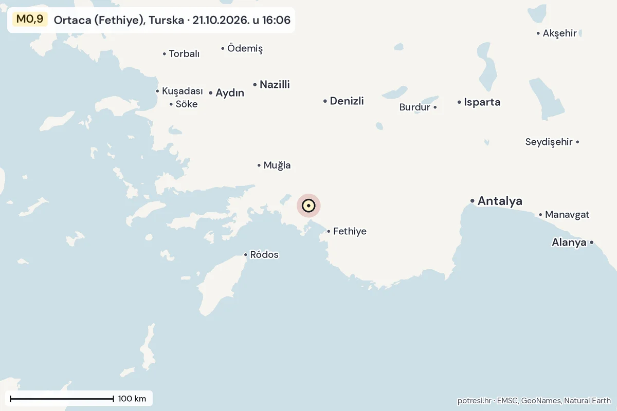Karta: šire područje, 600 km, potres M0,9, Ortaca (Fethiye), Turska, 21.10.2026.