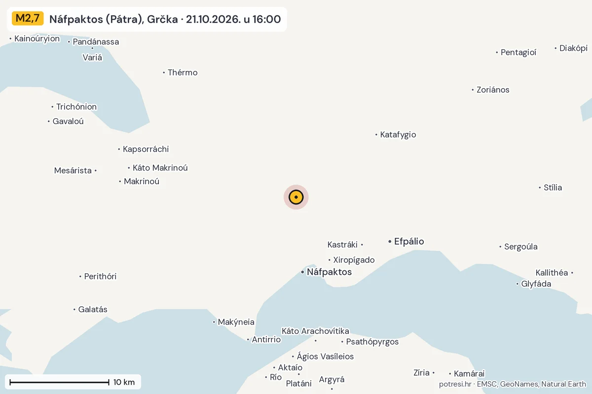 Karta: okolica epicentra, 60 km, potres M2,7, Náfpaktos (Pátra), Grčka, 21.10.2026.