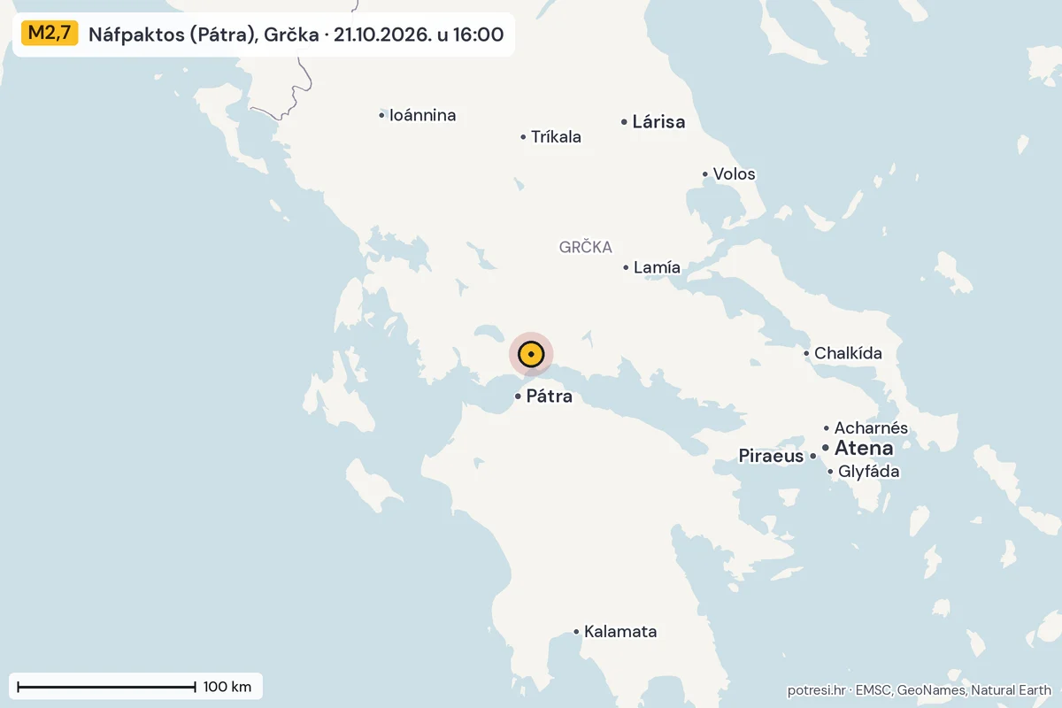 Karta: šire područje, 600 km, potres M2,7, Náfpaktos (Pátra), Grčka, 21.10.2026.