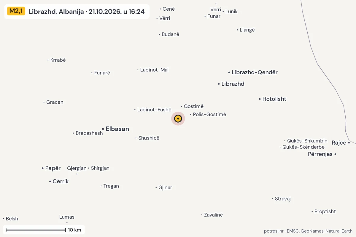 Karta: okolica epicentra, 60 km, potres M2,1, Librazhd, Albanija, 21.10.2026.