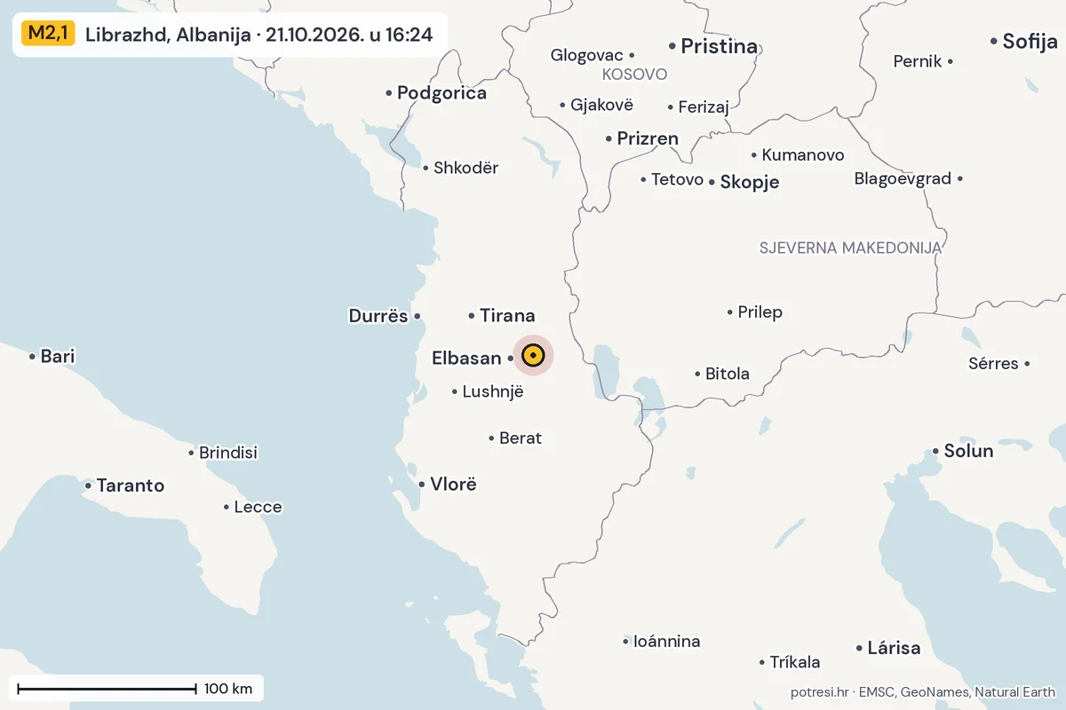 Karta: šire područje, 600 km, potres M2,1, Librazhd, Albanija, 21.10.2026.