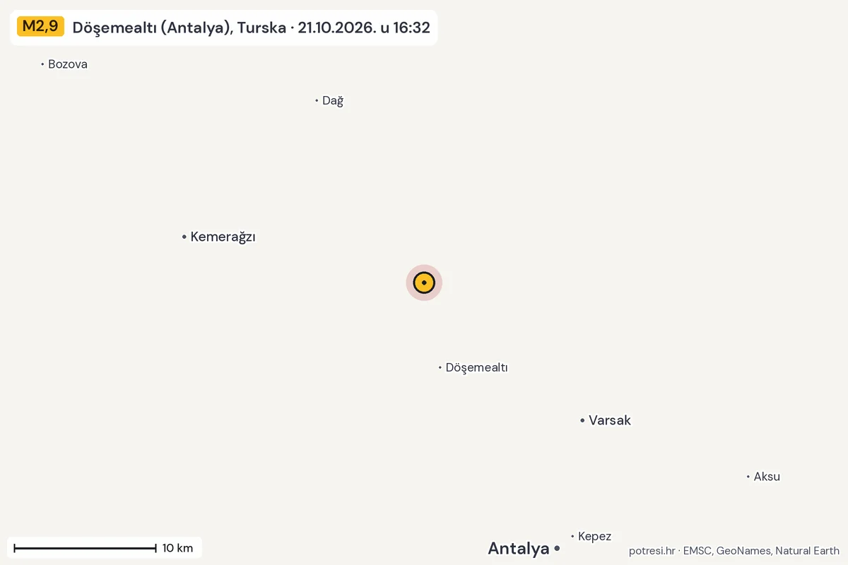 Karta: okolica epicentra, 60 km, potres M2,9, Döşemealtı (Antalya), Turska, 21.10.2026.
