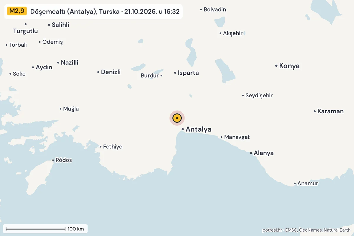 Karta: šire područje, 600 km, potres M2,9, Döşemealtı (Antalya), Turska, 21.10.2026.
