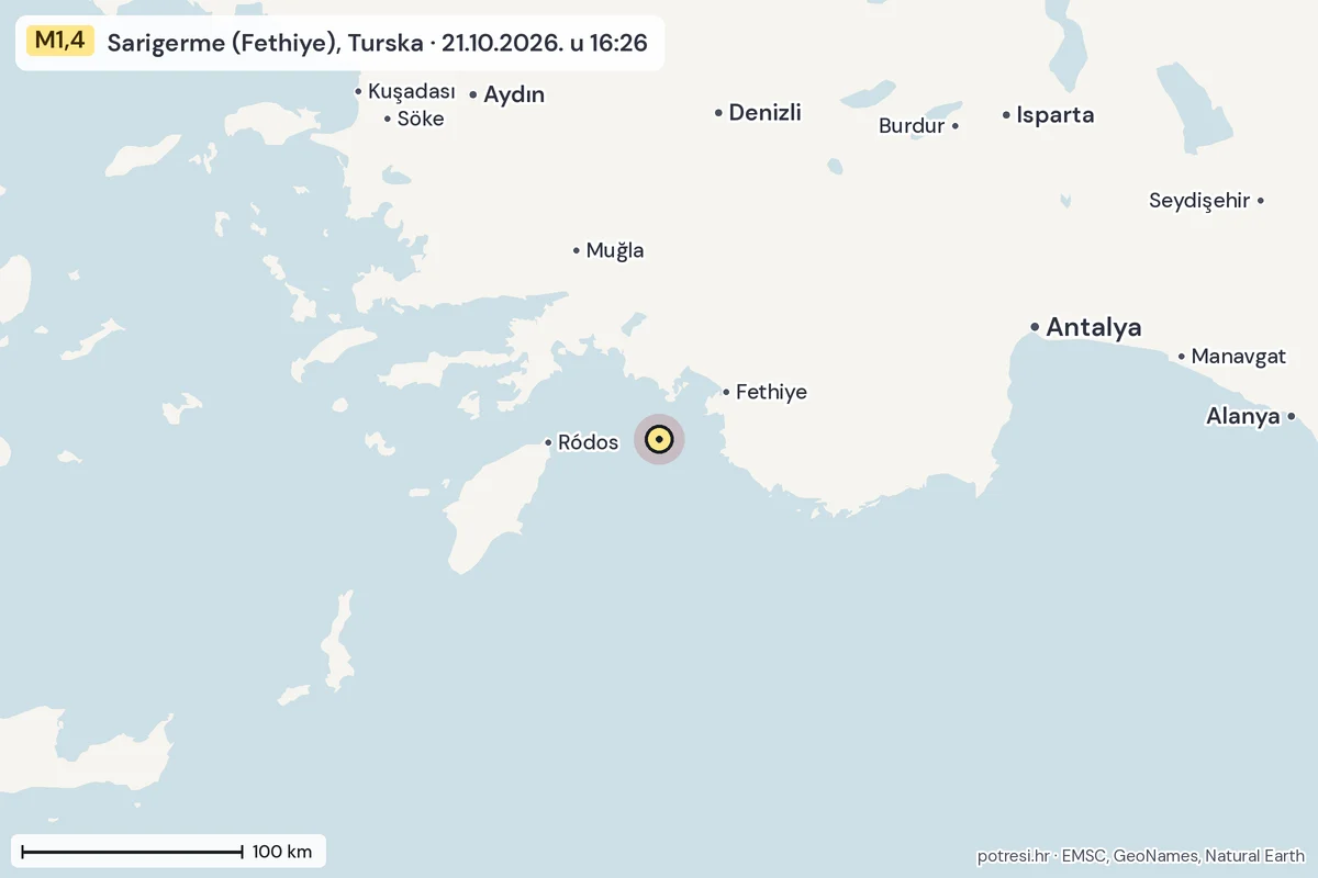 Karta: šire područje, 600 km, potres M1,4, Sarigerme (Fethiye), Turska, 21.10.2026.