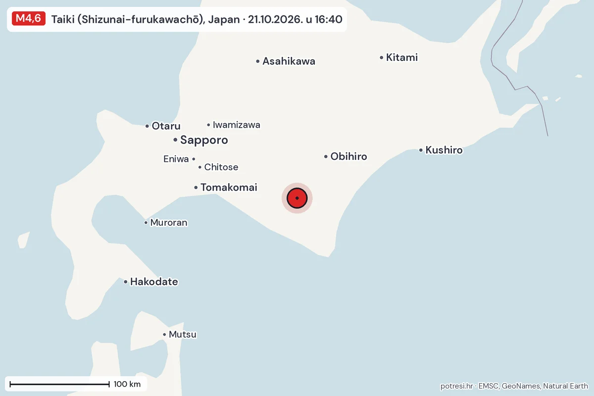 Karta: šire područje, 600 km, potres M4,6, Taiki (Shizunai-furukawachō), Japan, 21.10.2026.