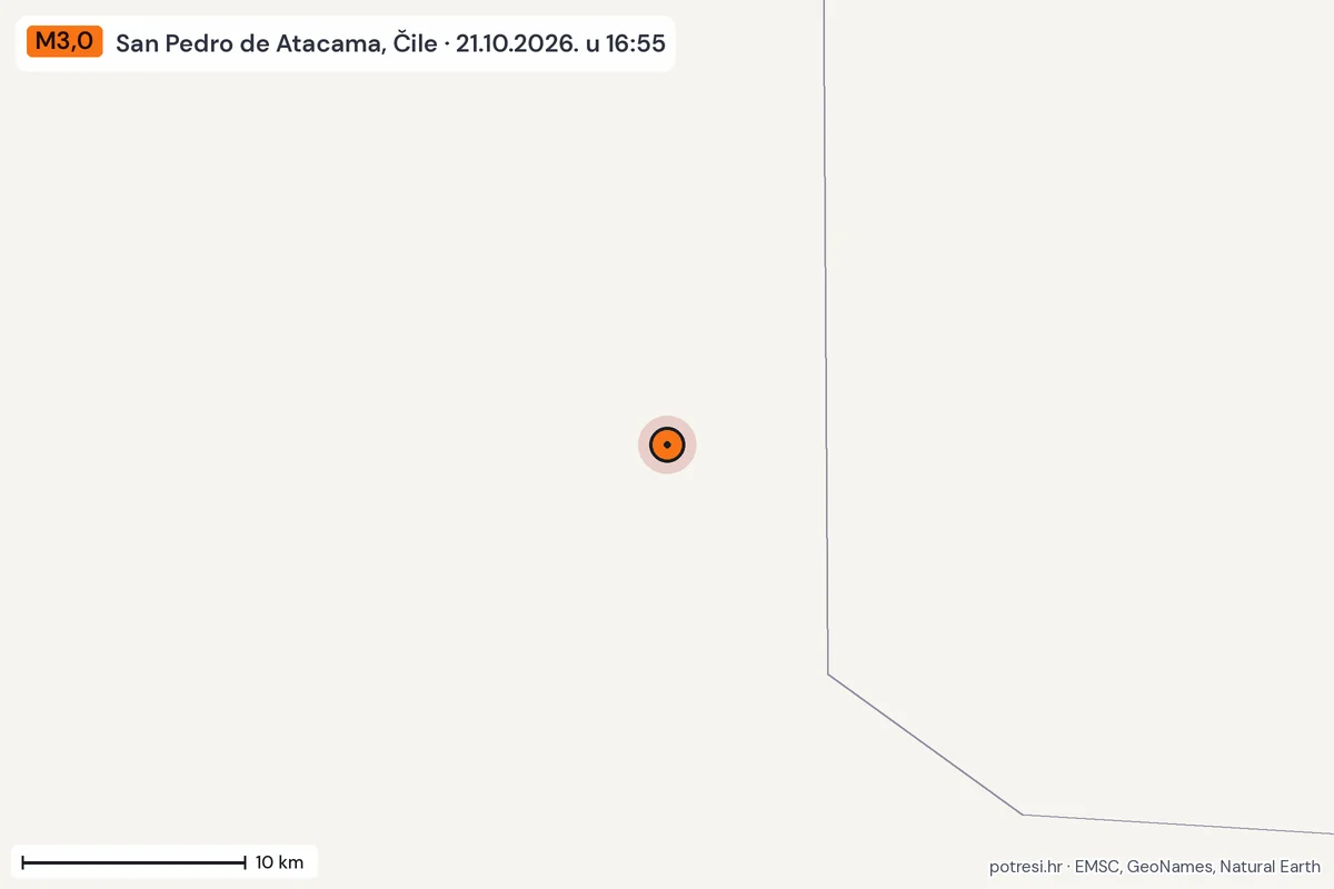 Karta: okolica epicentra, 60 km, potres M3,0, San Pedro de Atacama, Čile, 21.10.2026.