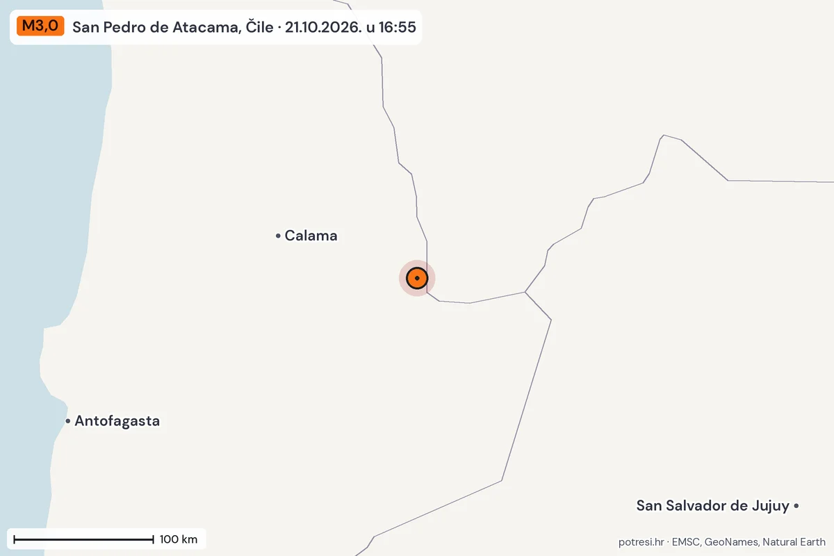 Karta: šire područje, 600 km, potres M3,0, San Pedro de Atacama, Čile, 21.10.2026.