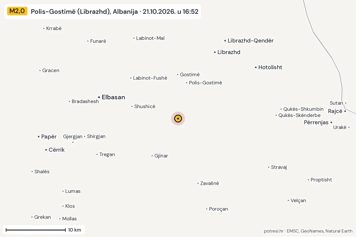 Karta: okolica epicentra, 60 km, potres M2,0, Polis-Gostimë (Librazhd), Albanija, 21.10.2026.