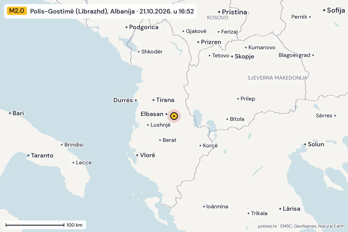 Karta: šire područje, 600 km, potres M2,0, Polis-Gostimë (Librazhd), Albanija, 21.10.2026.