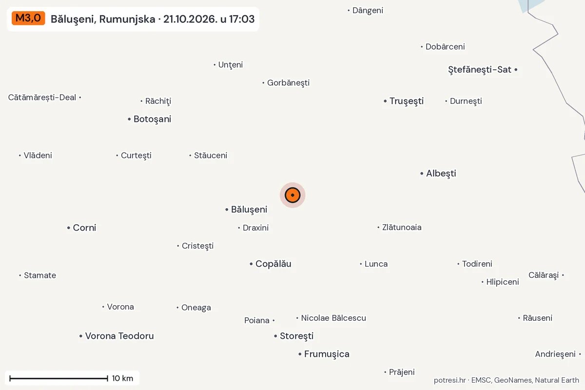Karta: okolica epicentra, 60 km, potres M3,0, Băluşeni, Rumunjska, 21.10.2026.