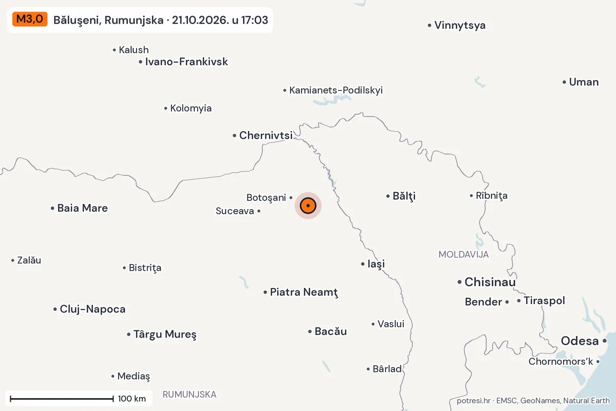 Karta: šire područje, 600 km, potres M3,0, Băluşeni, Rumunjska, 21.10.2026.
