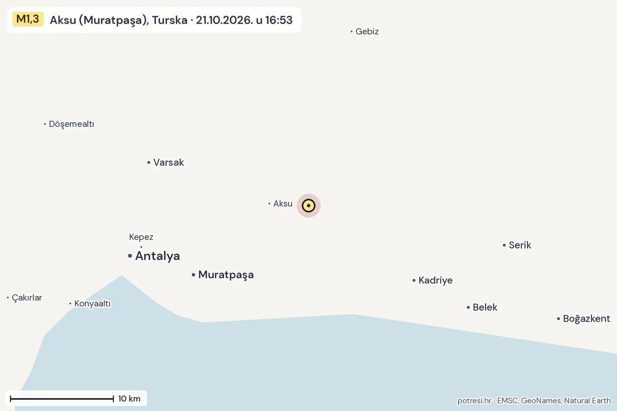 Karta: okolica epicentra, 60 km, potres M1,3, Aksu (Muratpaşa), Turska, 21.10.2026.