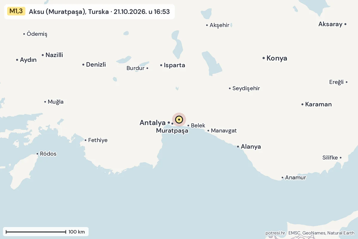 Karta: šire područje, 600 km, potres M1,3, Aksu (Muratpaşa), Turska, 21.10.2026.
