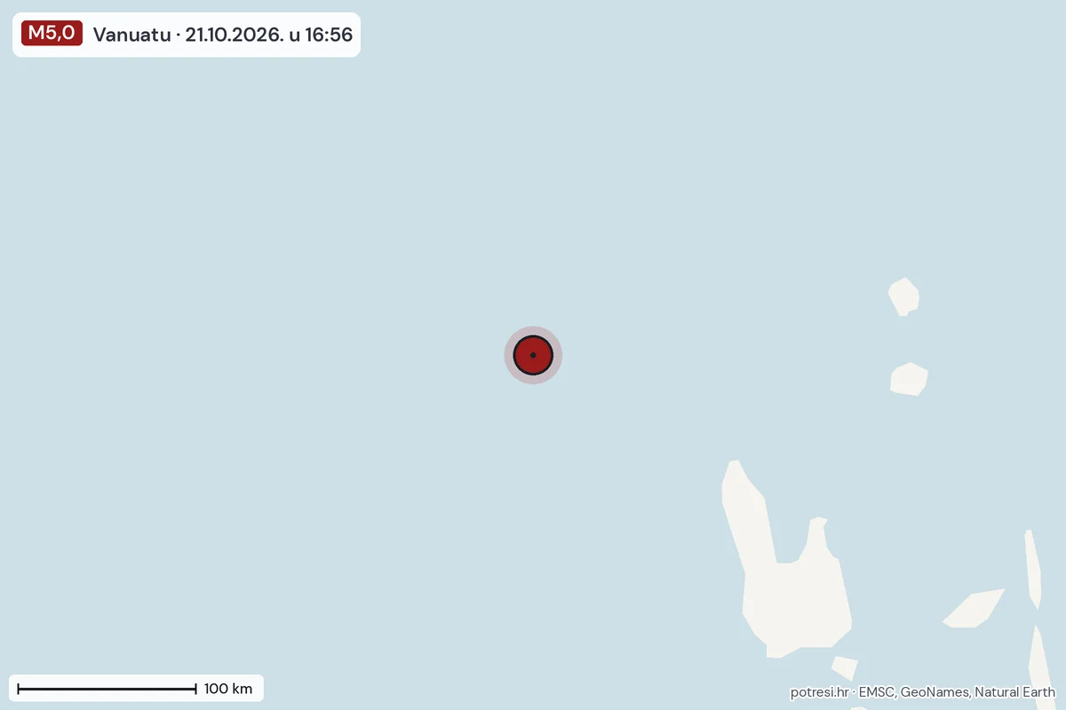 Karta: šire područje, 600 km, potres M5,0, Vanuatu, 21.10.2026.