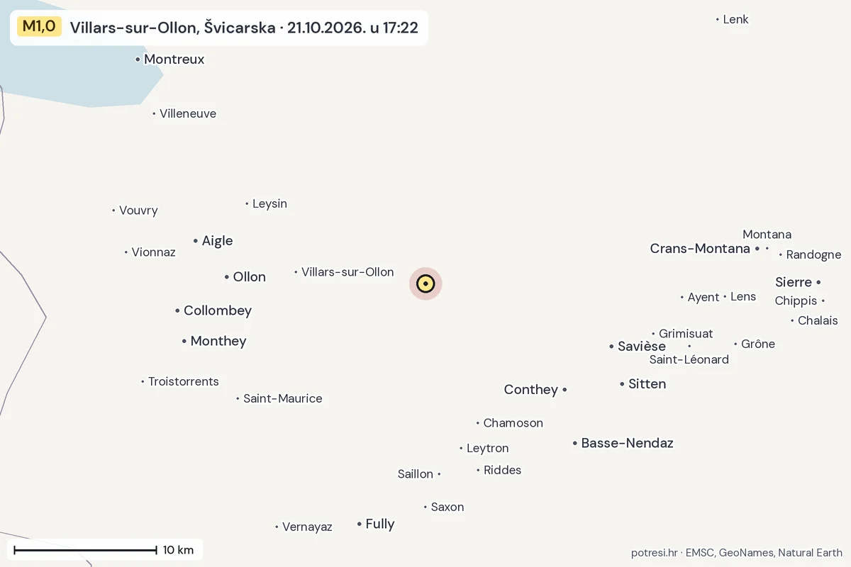 Karta: okolica epicentra, 60 km, potres M1,0, Villars-sur-Ollon, Švicarska, 21.10.2026.