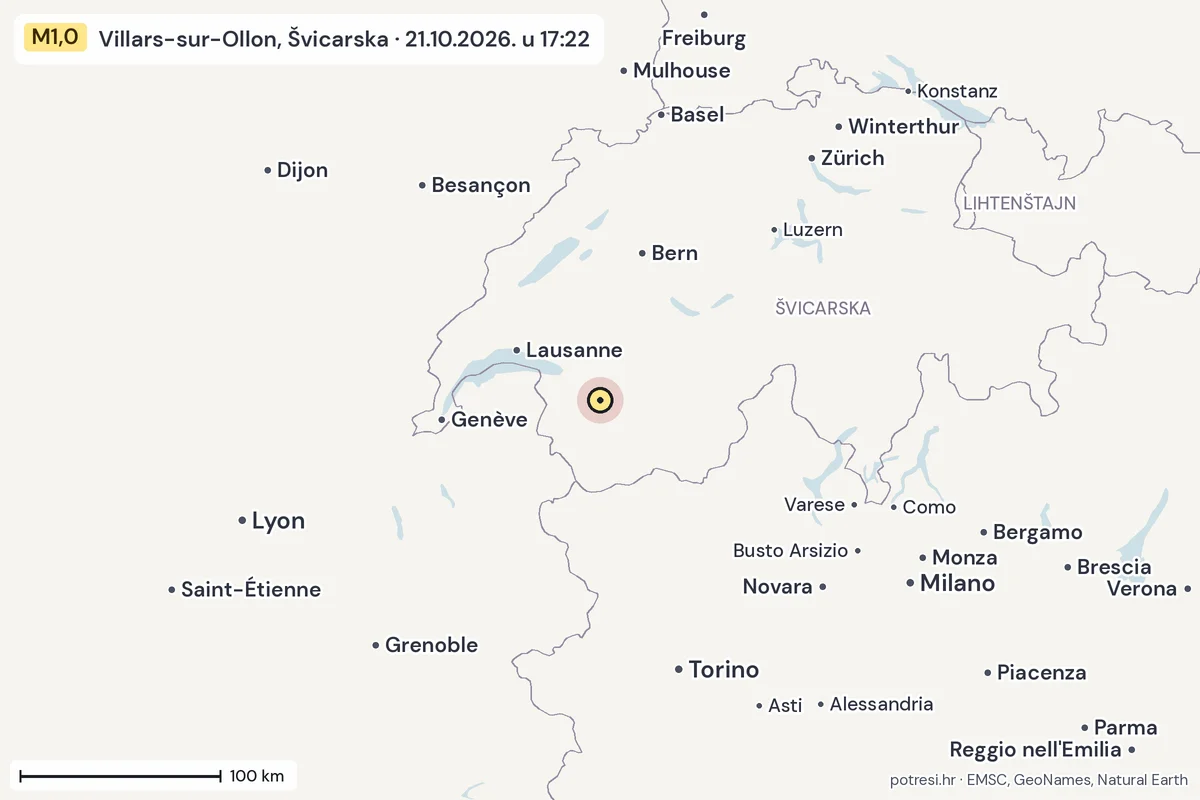 Karta: šire područje, 600 km, potres M1,0, Villars-sur-Ollon, Švicarska, 21.10.2026.