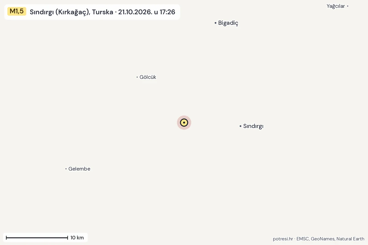 Karta: okolica epicentra, 60 km, potres M1,5, Sındırgı (Kırkağaç), Turska, 21.10.2026.