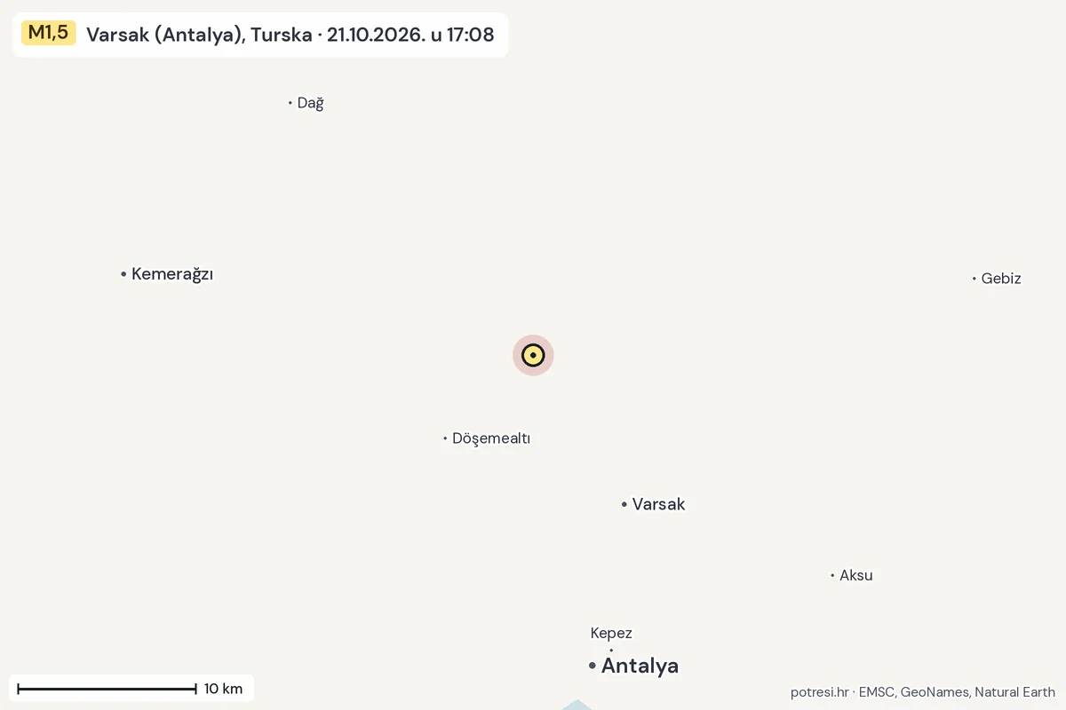 Karta: okolica epicentra, 60 km, potres M1,5, Varsak (Antalya), Turska, 21.10.2026.