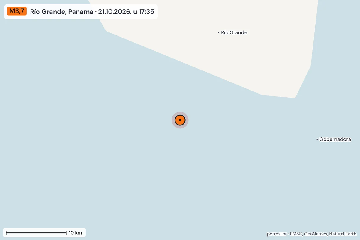 Karta: okolica epicentra, 60 km, potres M3,7, Río Grande, Panama, 21.10.2026.
