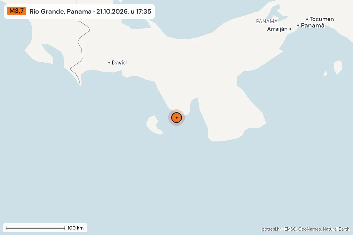Karta: šire područje, 600 km, potres M3,7, Río Grande, Panama, 21.10.2026.