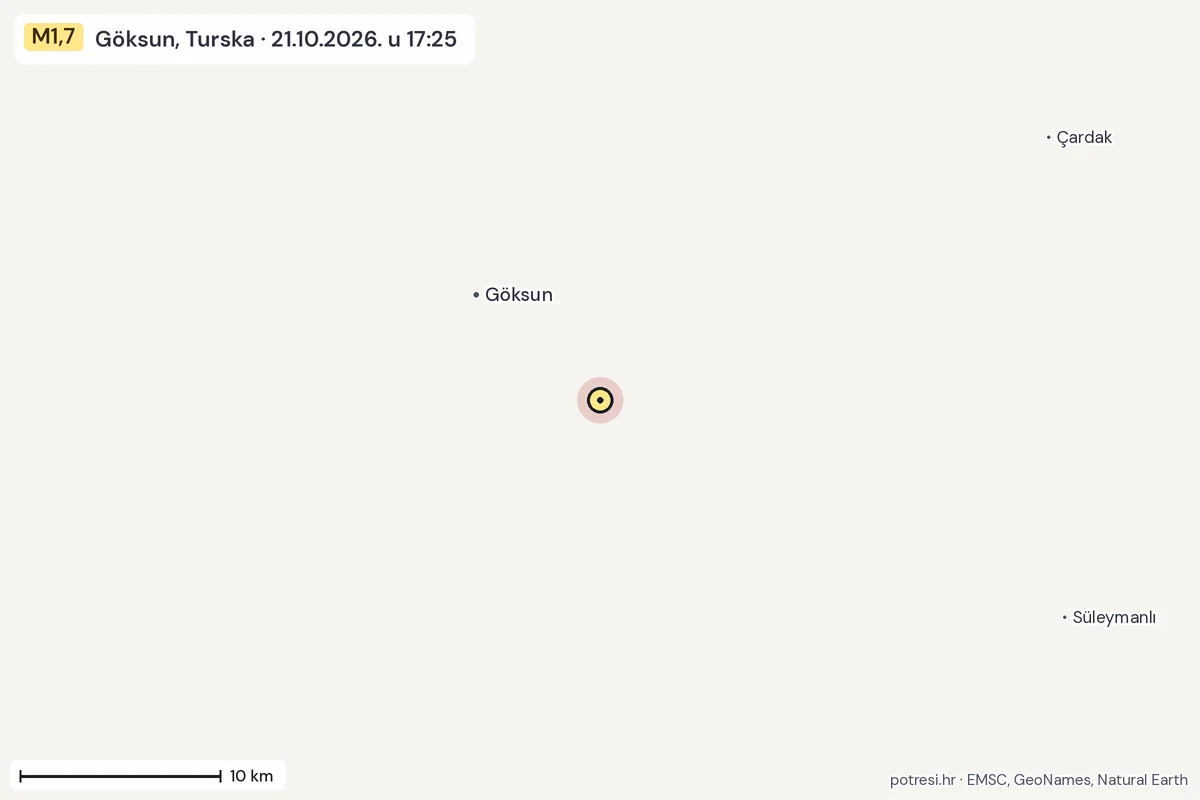 Karta: okolica epicentra, 60 km, potres M1,7, Göksun, Turska, 21.10.2026.
