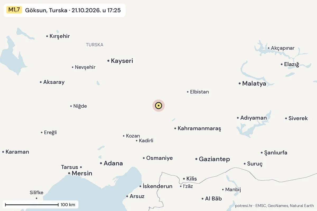 Karta: šire područje, 600 km, potres M1,7, Göksun, Turska, 21.10.2026.