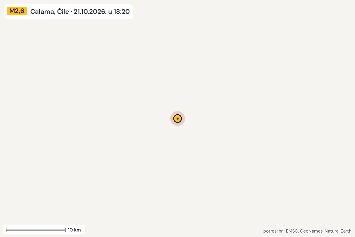 Karta: okolica epicentra, 60 km, potres M2,6, Calama, Čile, 21.10.2026.